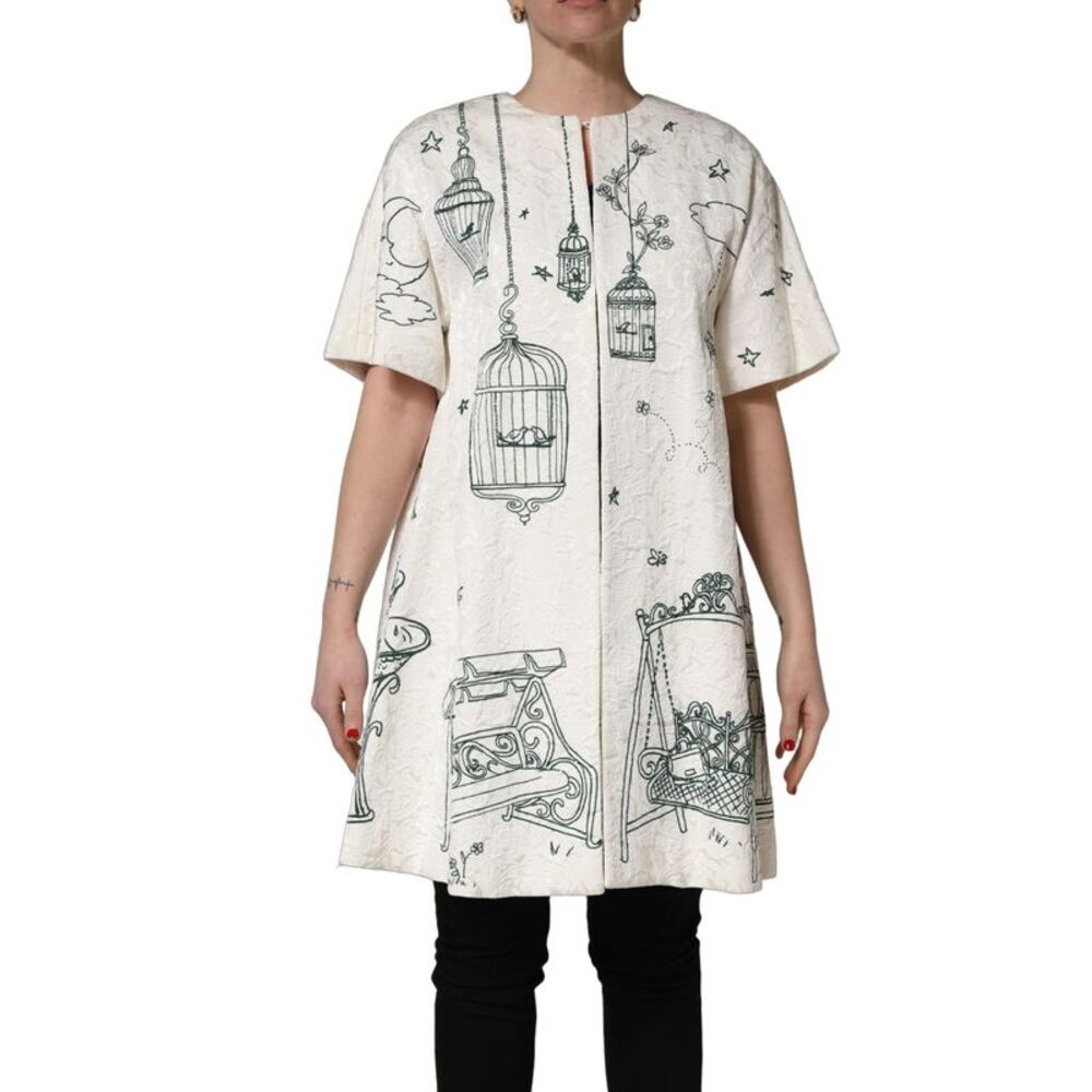 Dolce & Gabbana White Jacquard Garden Print Coat Women's Jacket